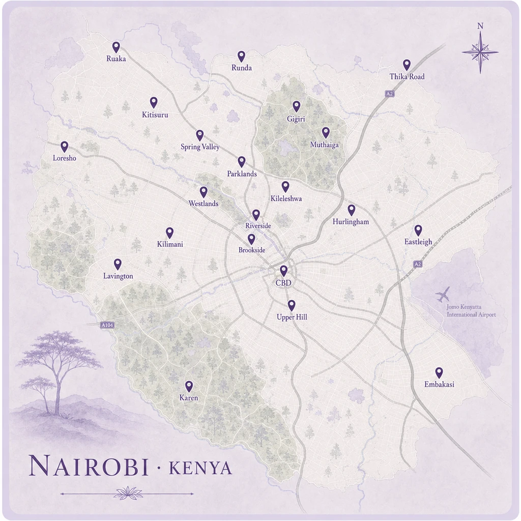 Map of Nairobi showing the neighborhoods Braiding Nairobi serves: Westlands, Parklands, Kilimani, Lavington, Karen, Runda, Ruaka, Thika Road, Eastleigh, Embakasi and CBD.